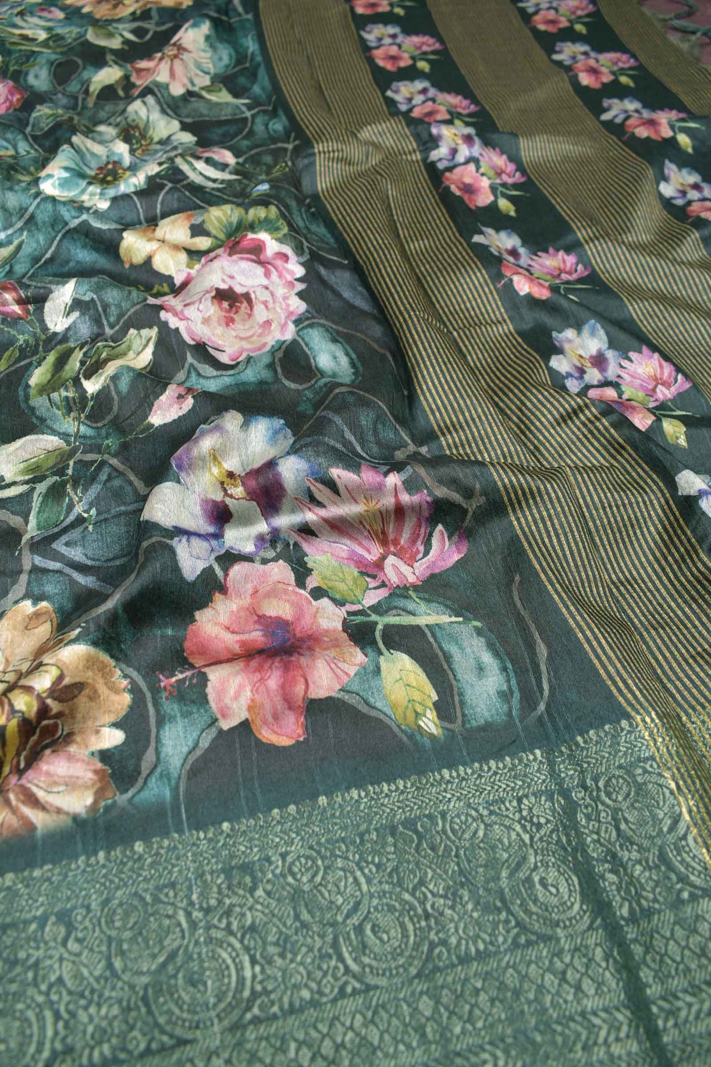 Green Semi Tussar Floral Line Brocade Border Saree