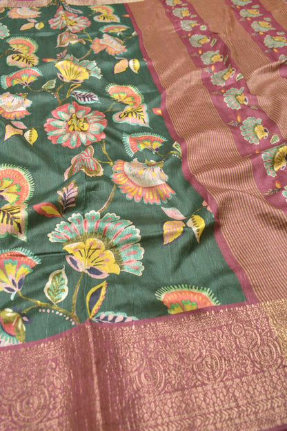 Dark Green Semi Tussar All Over Mustic Florals Brocade Border Saree