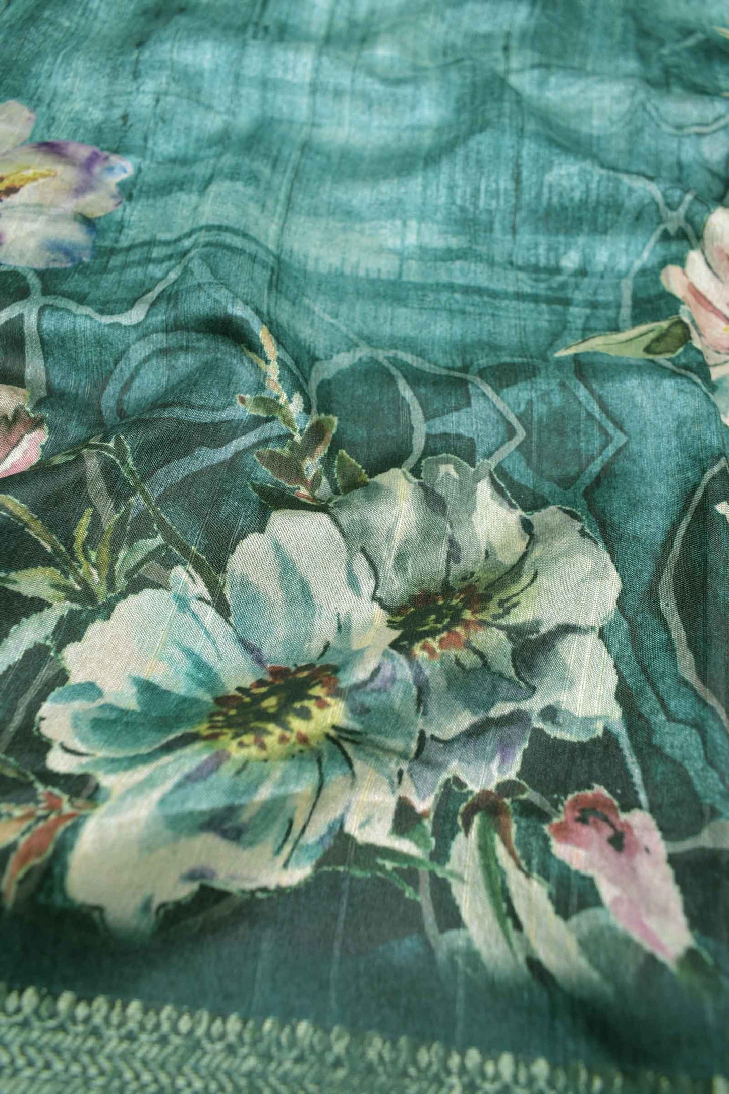 Green Semi Tussar Floral Line Brocade Border Saree