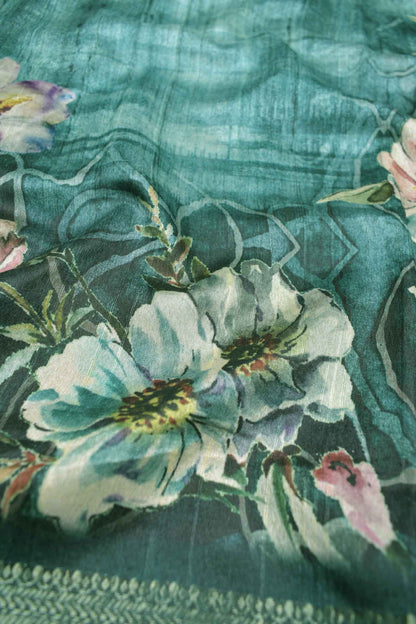 Green Semi Tussar Floral Line Brocade Border Saree
