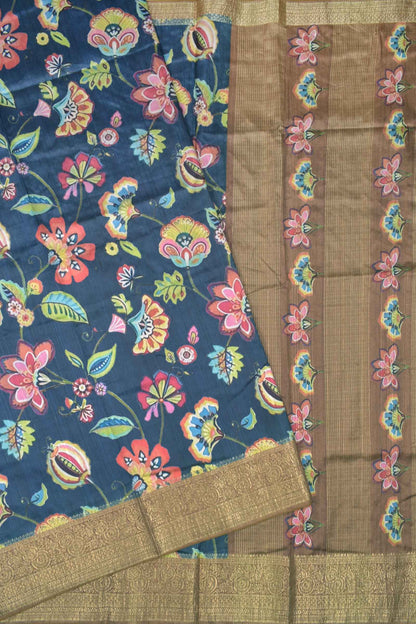 Dark Grey Semi Tussar Floral  Pop Golden Brocade Pallu Saree