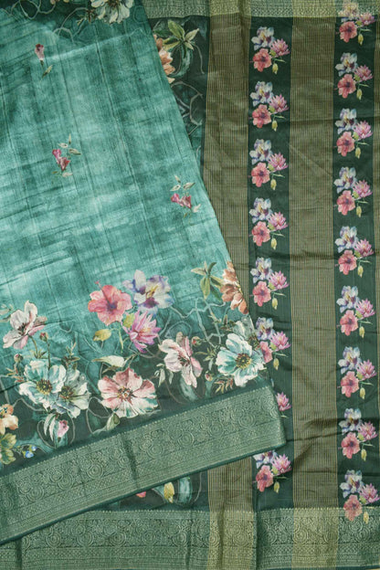 Green Semi Tussar Floral Line Brocade Border Saree