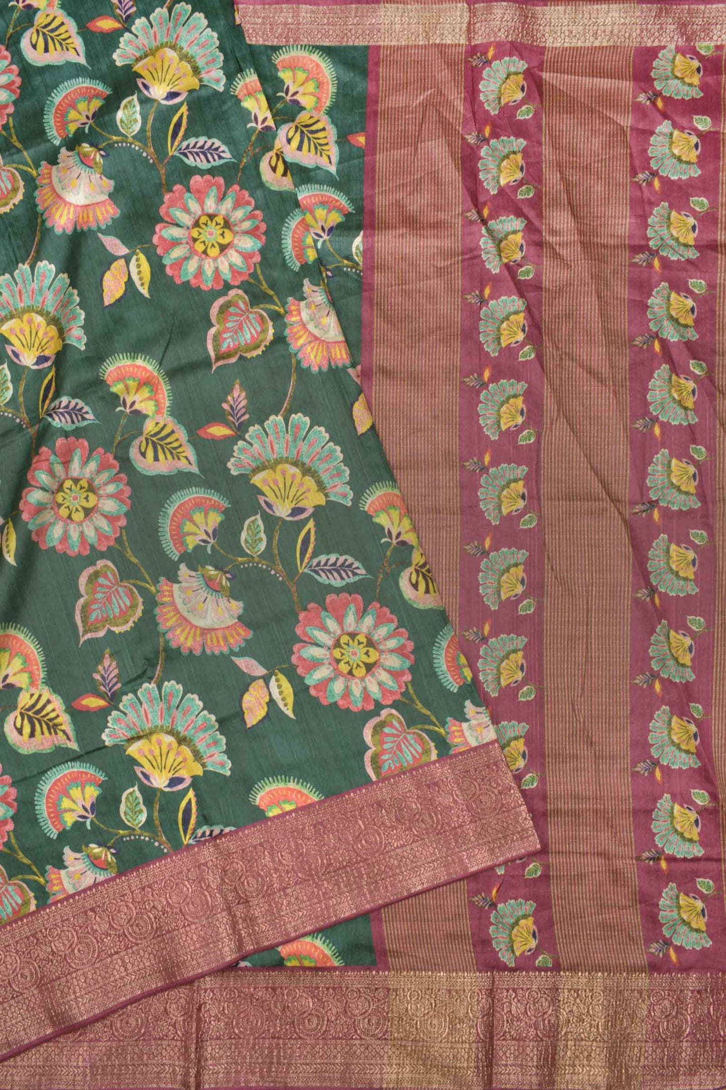 Dark Green Semi Tussar All Over Mustic Florals Brocade Border Saree