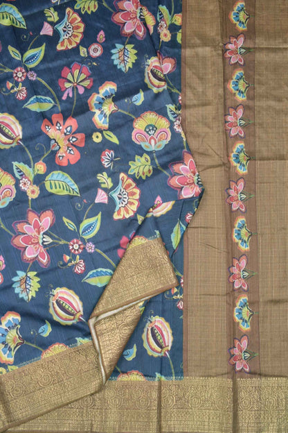 Dark Grey Semi Tussar Floral  Pop Golden Brocade Pallu Saree