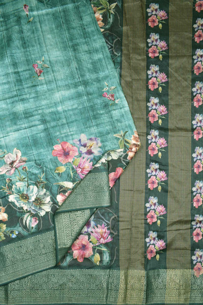 Green Semi Tussar Floral Line Brocade Border Saree