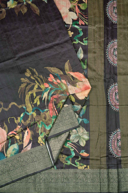 Dark Coca Semi Tussar Urban Petal Prints Chakra Pallu Saree