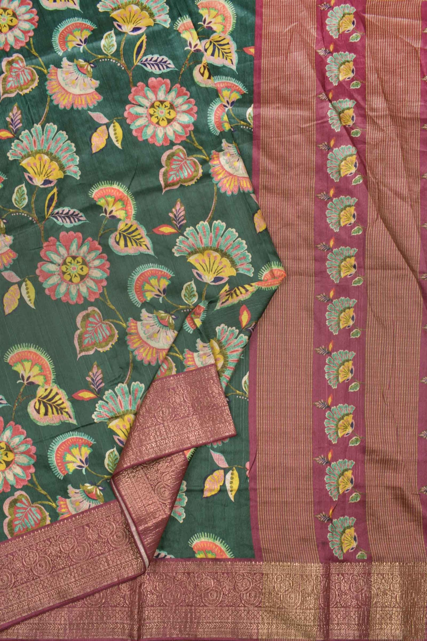 Dark Green Semi Tussar All Over Mustic Florals Brocade Border Saree