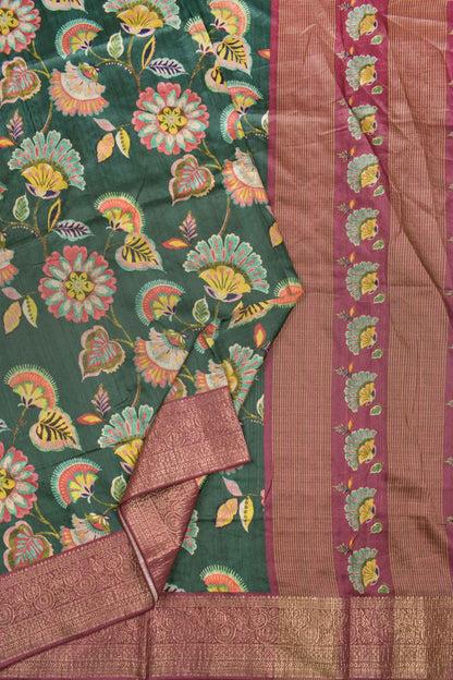 Dark Green Semi Tussar All Over Mustic Florals Brocade Border Saree
