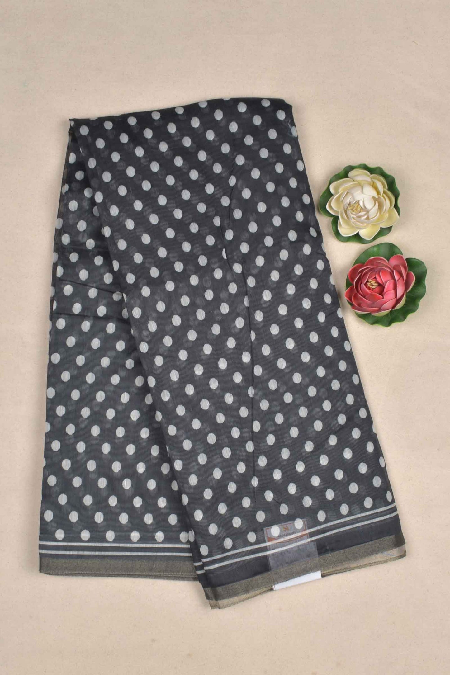 Black Semi Chanderi Cotton Fancy White Dots Digital Print Faces Pallu Saree