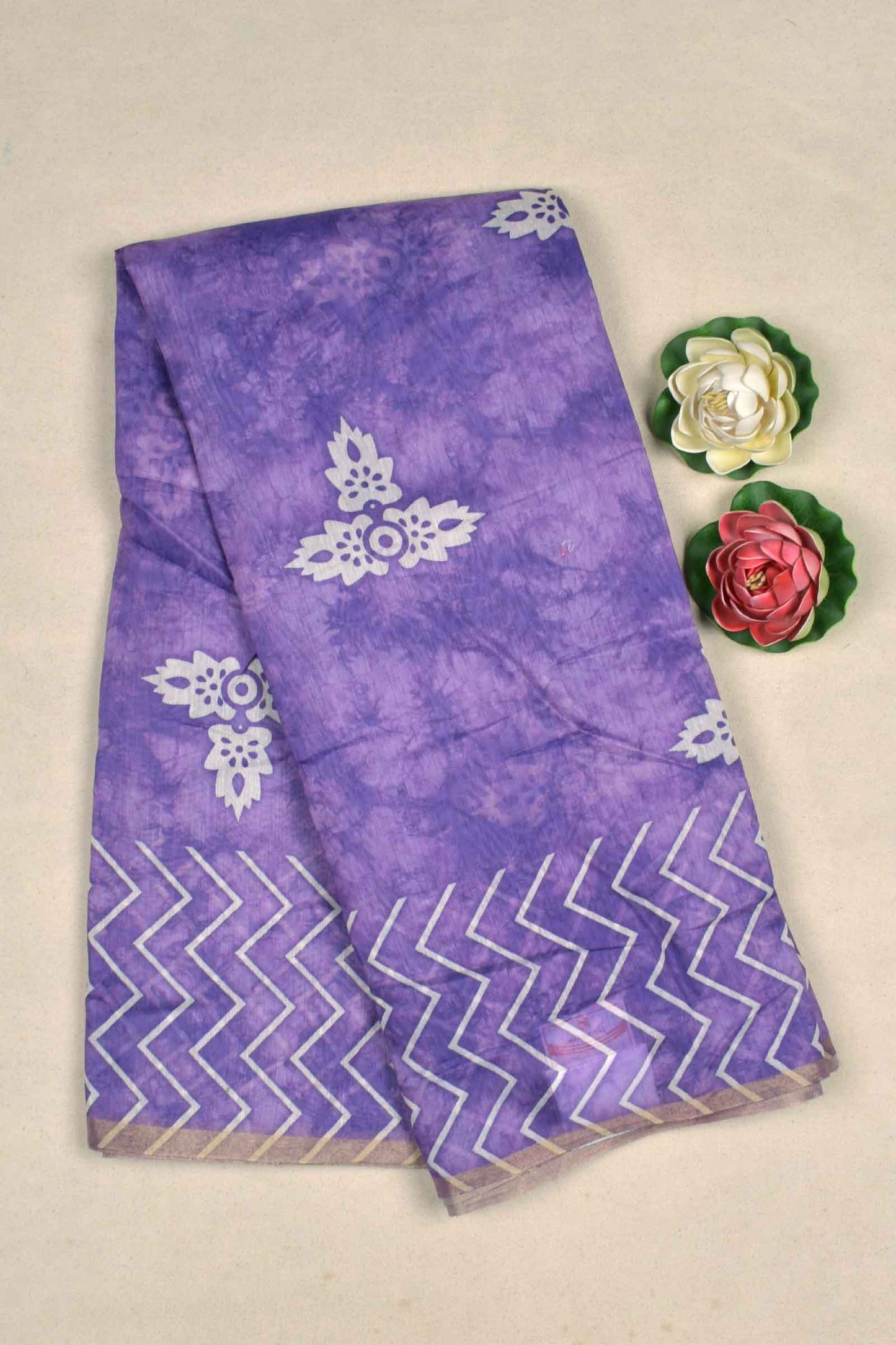 Light Violet Semi Chanderi Cotton Flowers Butta Waves Design Border Digital Print Saree