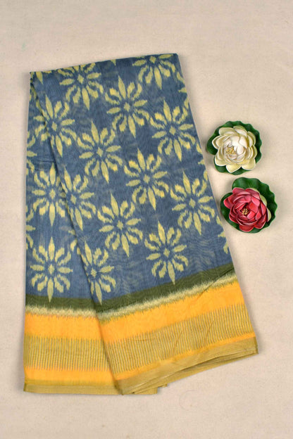 Grey Semi Chanderi Cotton Yellow Floral Flowers Design Digital Print Saree