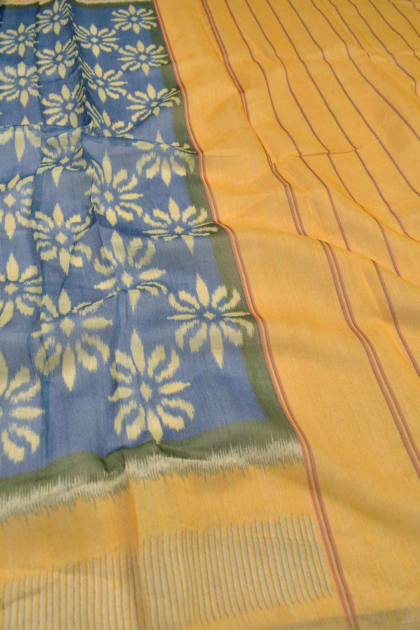 Grey Semi Chanderi Cotton Yellow Floral Flowers Design Digital Print Saree