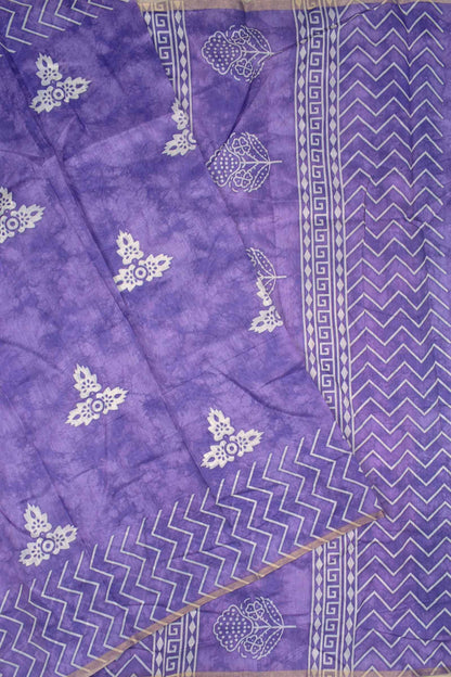 Light Violet Semi Chanderi Cotton Flowers Butta Waves Design Border Digital Print Saree