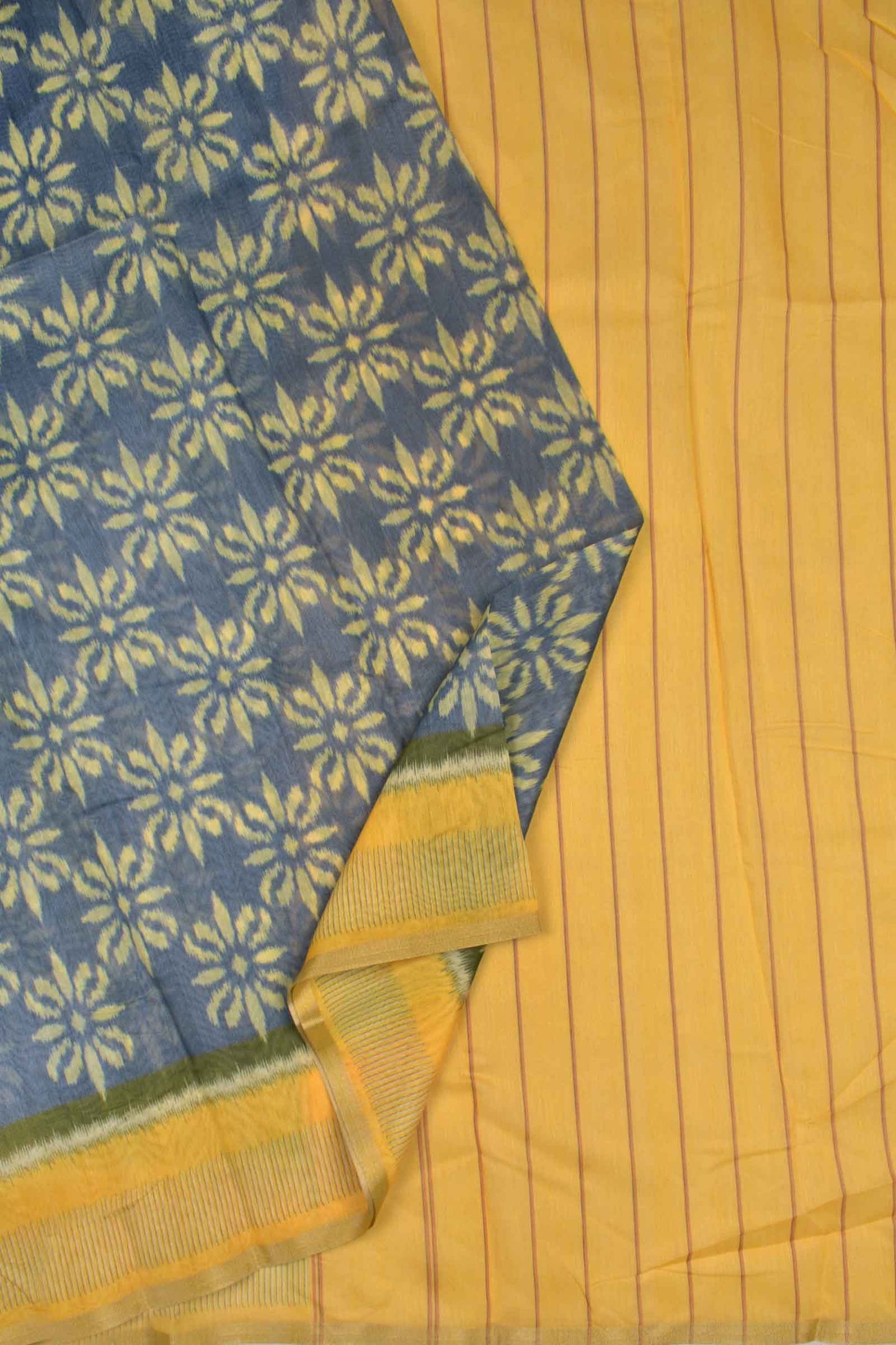 Grey Semi Chanderi Cotton Yellow Floral Flowers Design Digital Print Saree