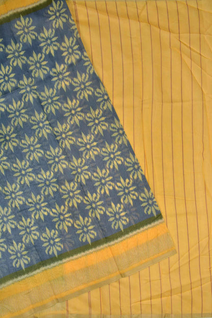 Grey Semi Chanderi Cotton Yellow Floral Flowers Design Digital Print Saree