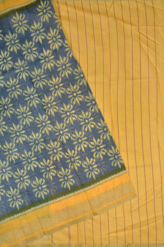 Grey Semi Chanderi Cotton Yellow Floral Flowers Design Digital Print Saree