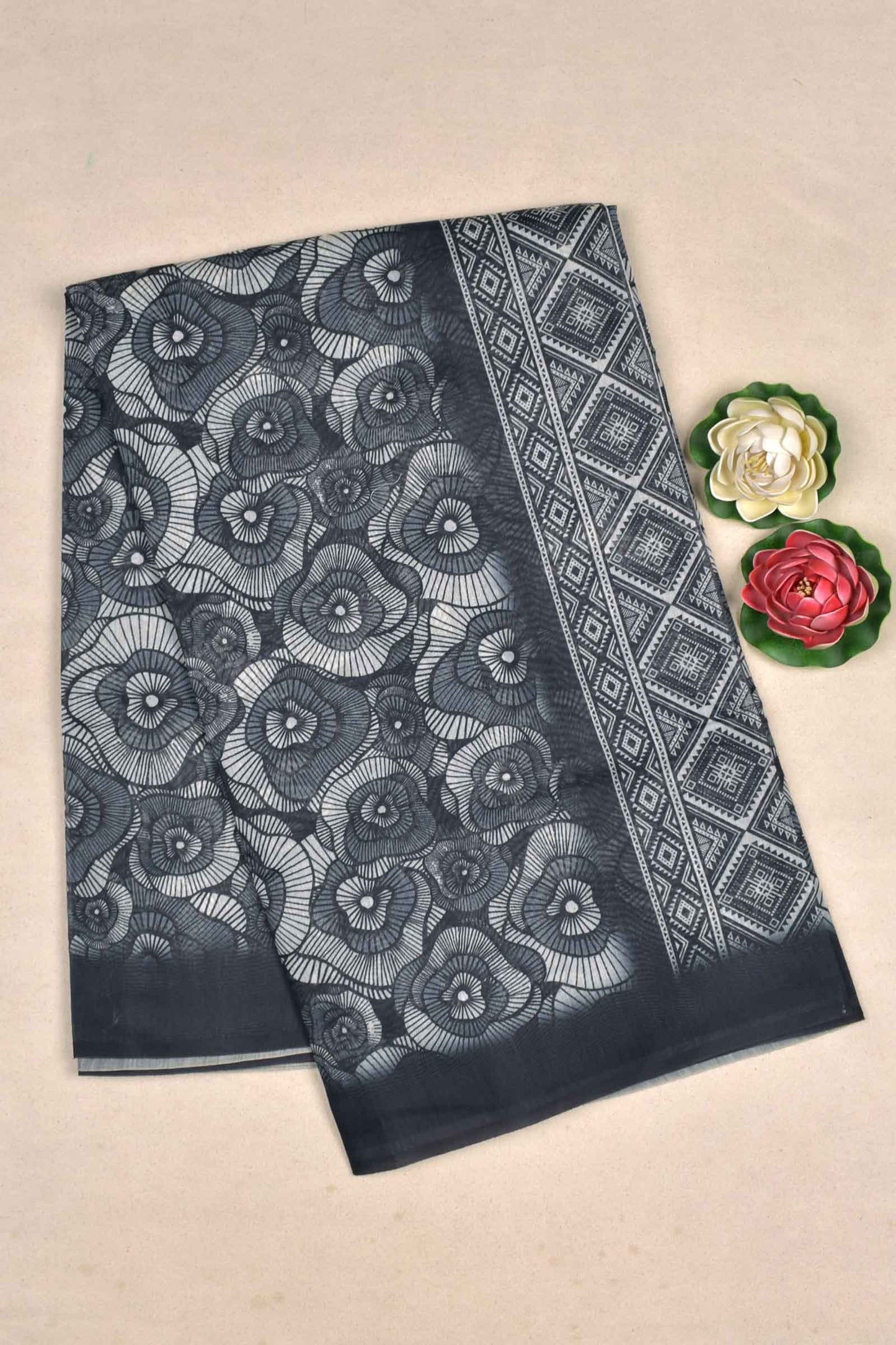 Grey With Black Semi Chanderi Cotton Fancy Flowers Digital Print Saree