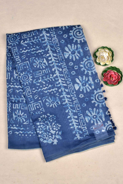 Blue With White Semi Chanderi Cotton Fancy Design Digital Print Flowers Border Saree