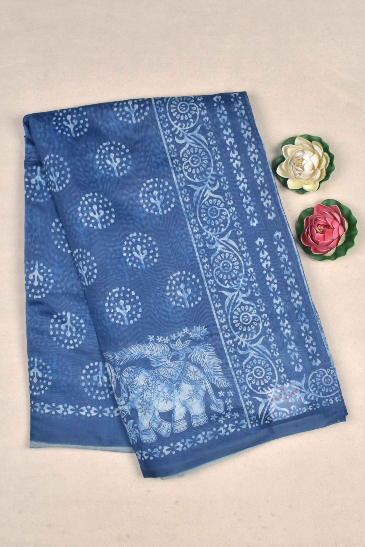 Blue With White Semi Chanderi Cotton Fancy Butta Digital Print Elephant Pallu Saree