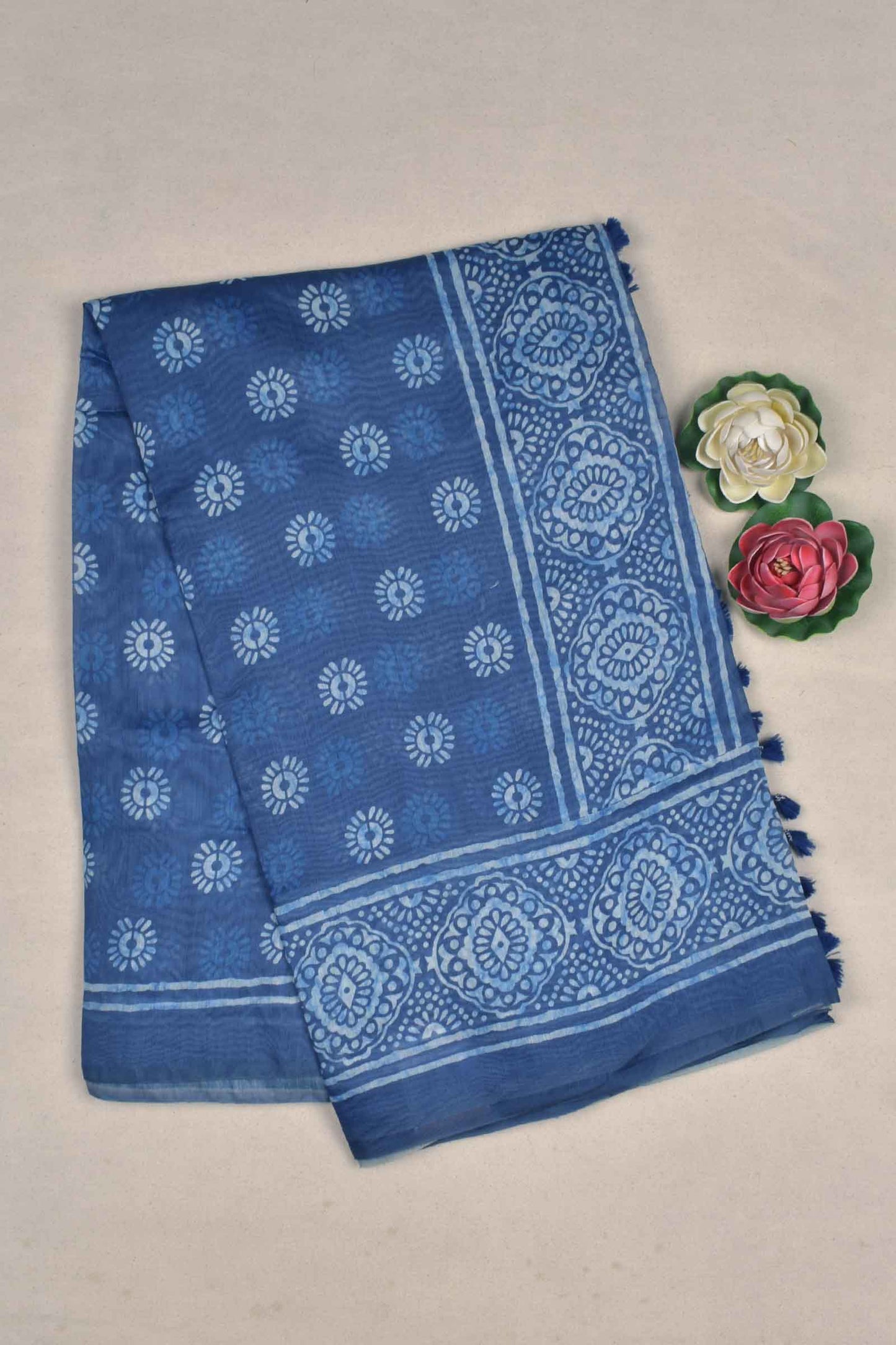 Blue With White Semi Chanderi Cotton Fancy Butta  Digital Waril Print Pallu Saree