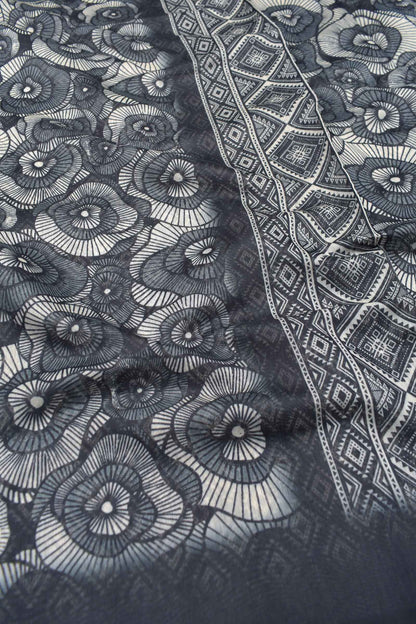 Grey With Black Semi Chanderi Cotton Fancy Flowers Digital Print Saree