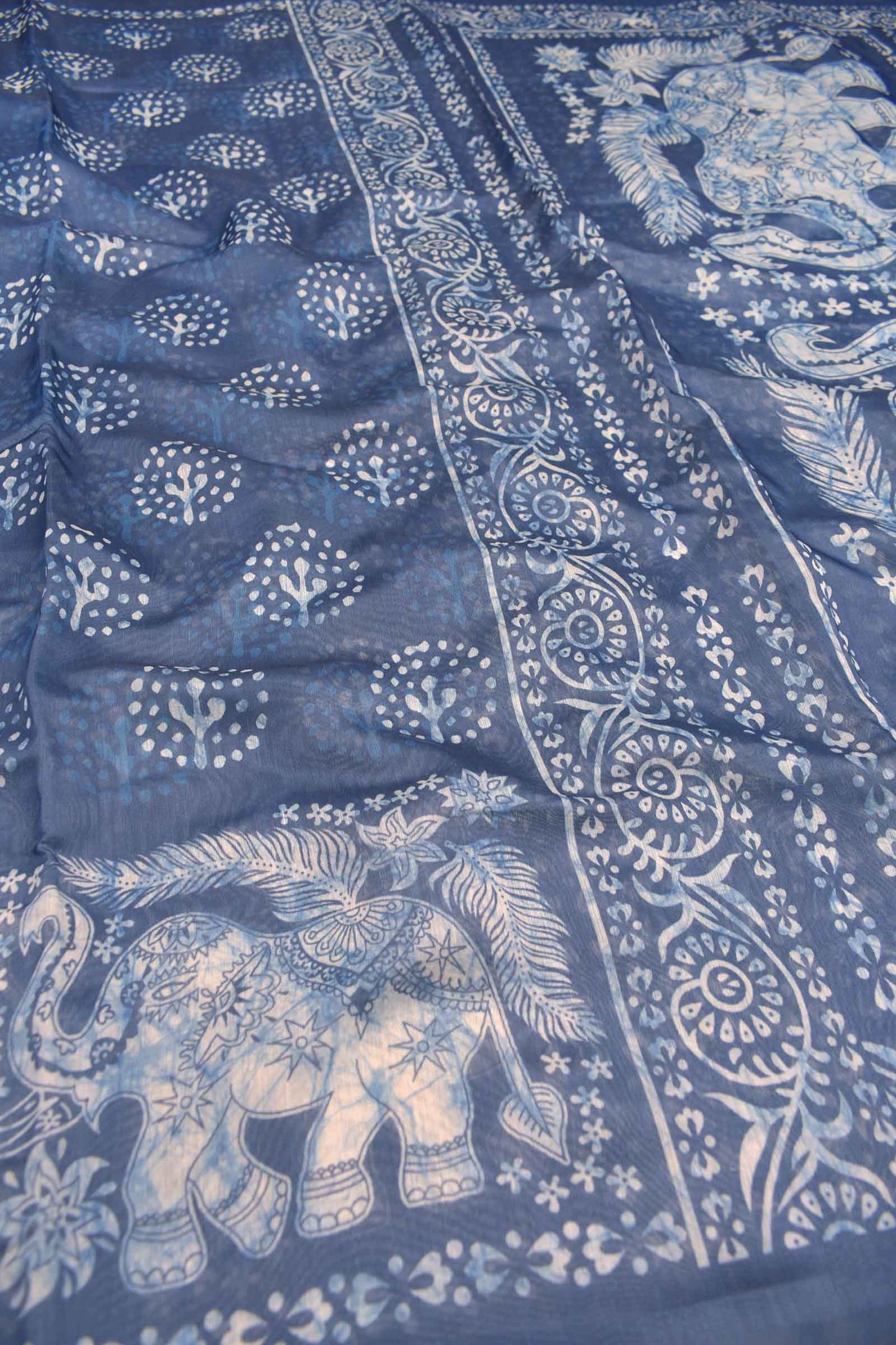 Blue With White Semi Chanderi Cotton Fancy Butta Digital Print Elephant Pallu Saree