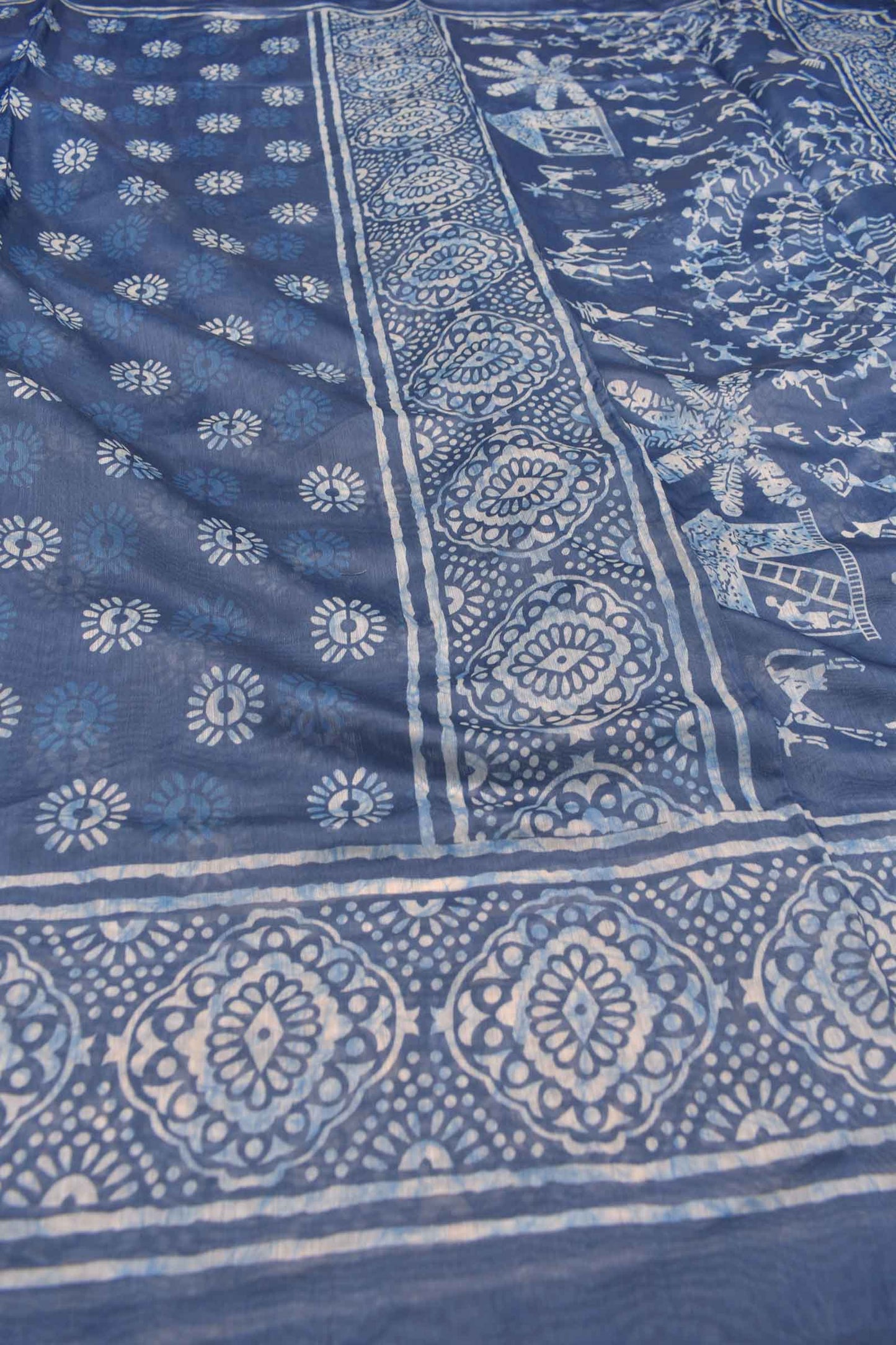 Blue With White Semi Chanderi Cotton Fancy Butta  Digital Waril Print Pallu Saree