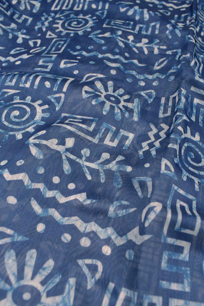 Blue With White Semi Chanderi Cotton Fancy Design Digital Print Flowers Border Saree