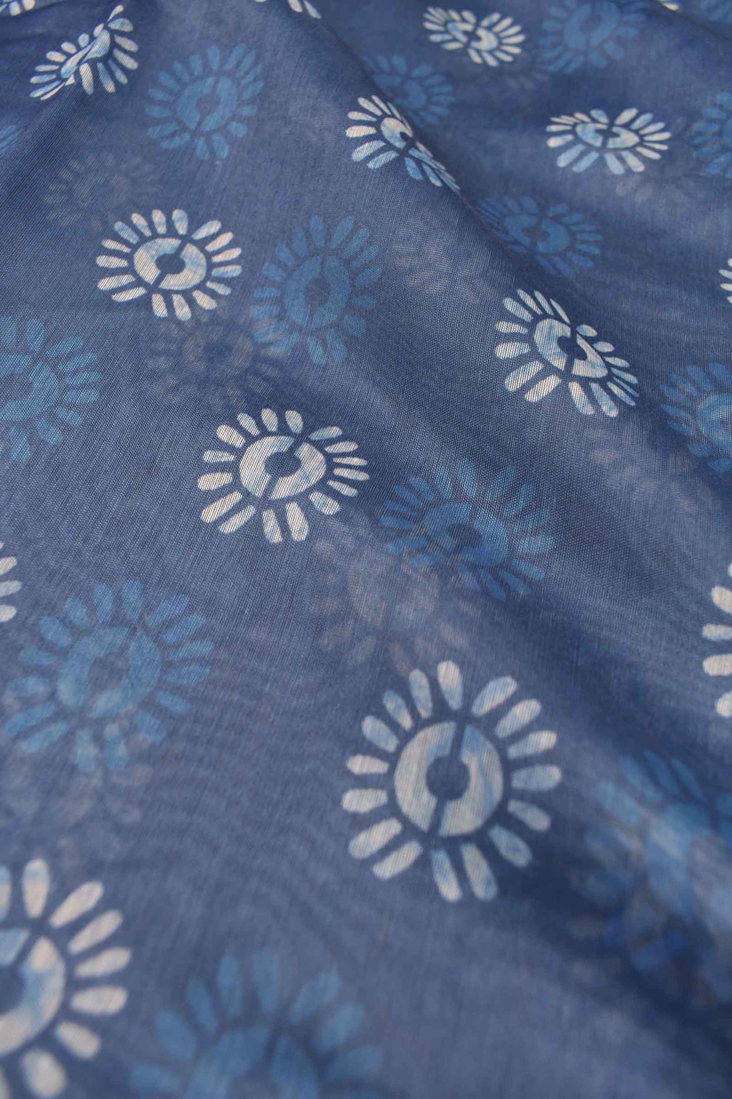 Blue With White Semi Chanderi Cotton Fancy Butta  Digital Waril Print Pallu Saree