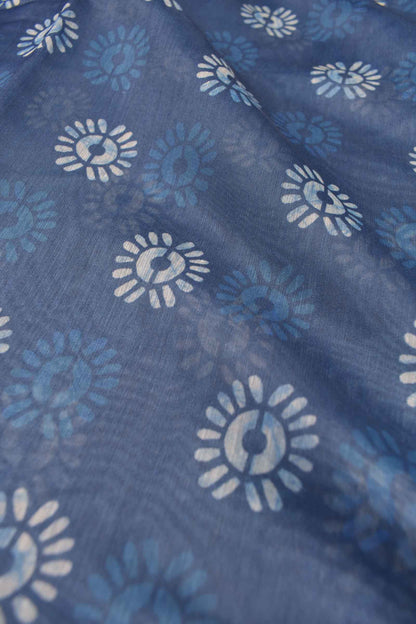 Blue With White Semi Chanderi Cotton Fancy Butta  Digital Waril Print Pallu Saree