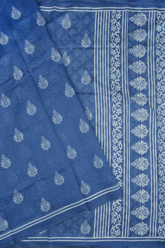 Blue With White Semi Chanderi Cotton Fancy Butta Print Flowers Butta Pallu Saree