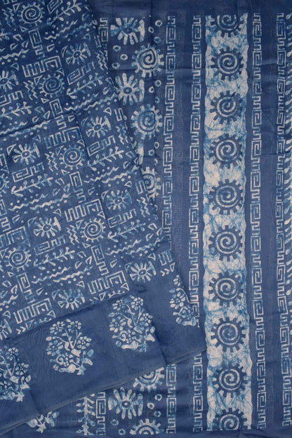 Blue With White Semi Chanderi Cotton Fancy Design Digital Print Flowers Border Saree