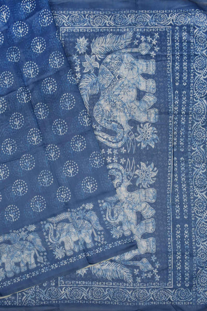 Blue With White Semi Chanderi Cotton Fancy Butta Digital Print Elephant Pallu Saree