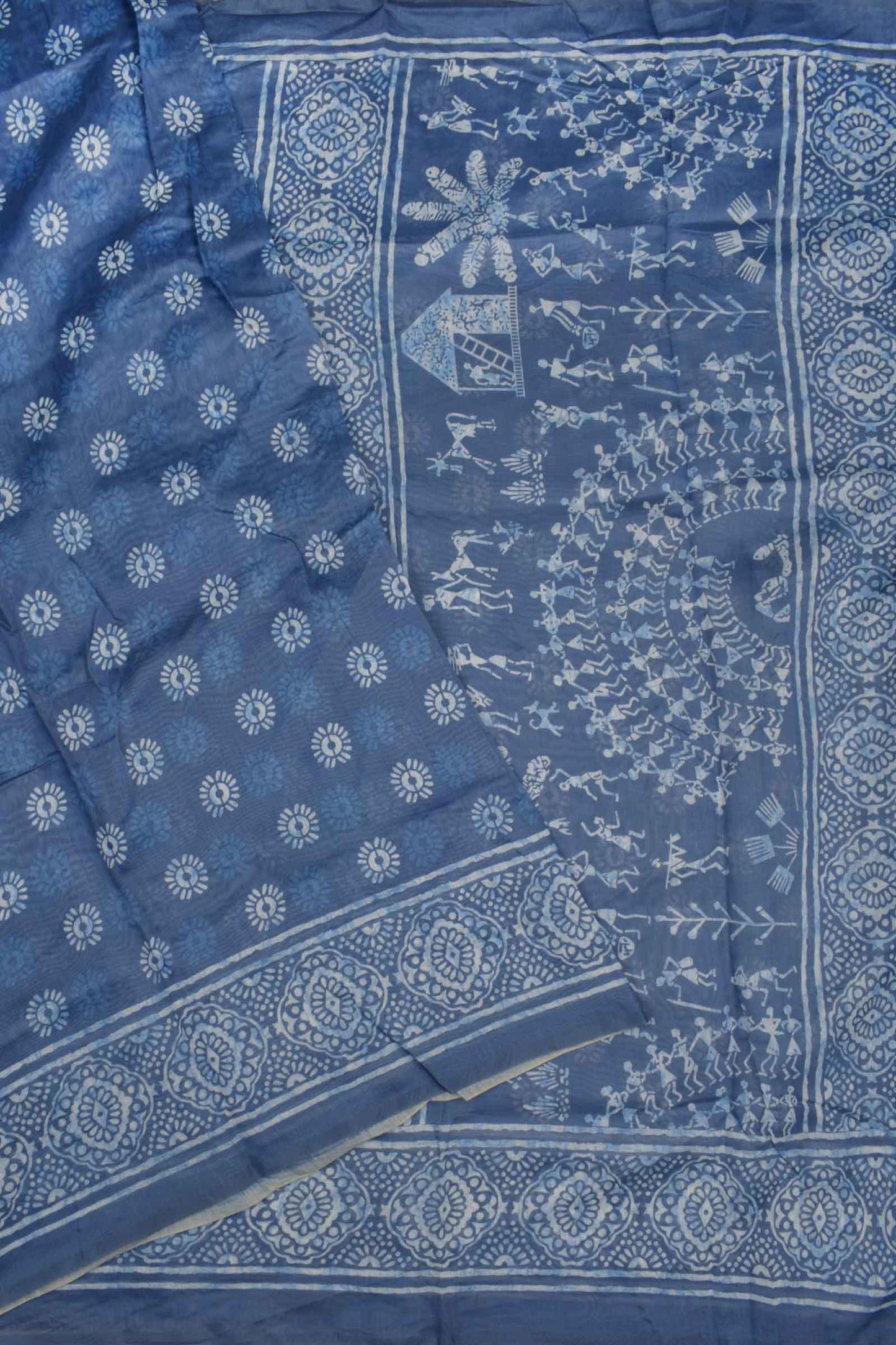 Blue With White Semi Chanderi Cotton Fancy Butta  Digital Waril Print Pallu Saree