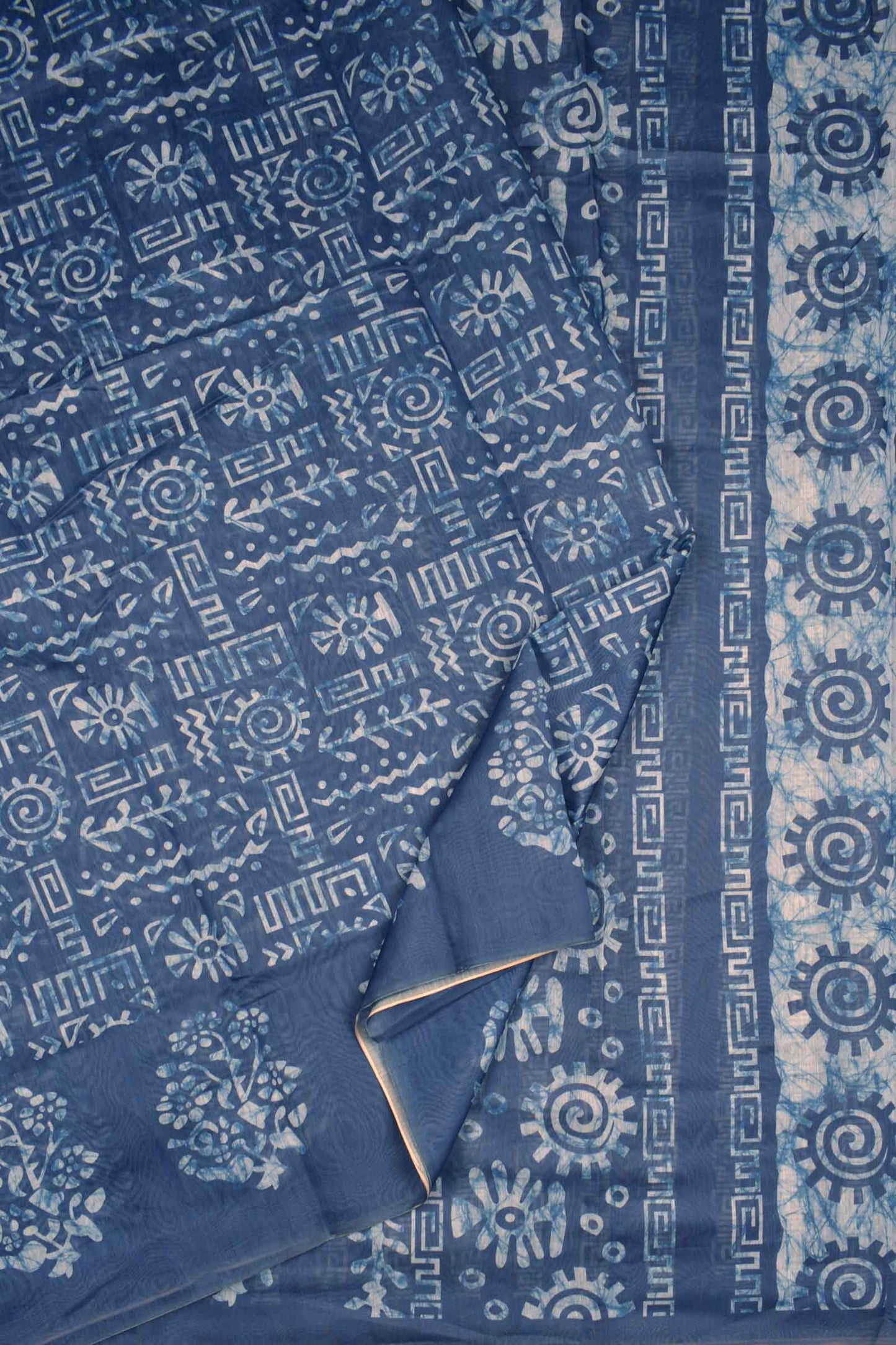 Blue With White Semi Chanderi Cotton Fancy Design Digital Print Flowers Border Saree