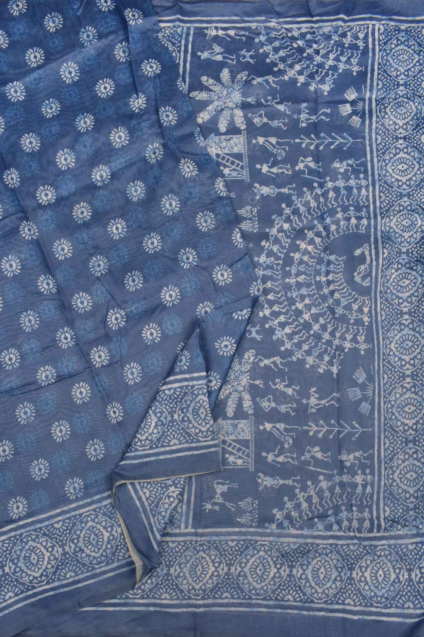 Blue With White Semi Chanderi Cotton Fancy Butta  Digital Waril Print Pallu Saree