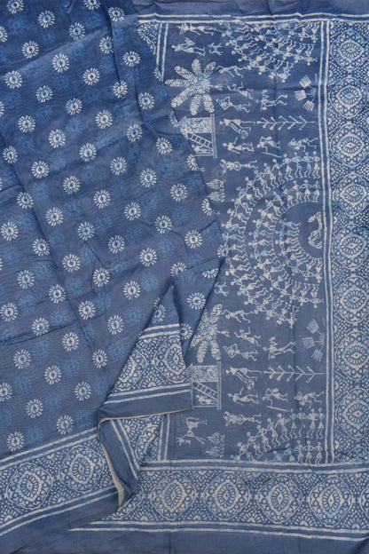 Blue With White Semi Chanderi Cotton Fancy Butta  Digital Waril Print Pallu Saree