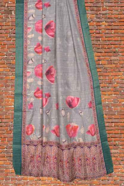 Grey Semi Tussar Tulip Garden Zari Border Floral Pashmina Inspired Pallu Saree