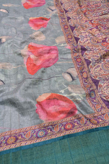 Grey Semi Tussar Tulip Garden Zari Border Floral Pashmina Inspired Pallu Saree