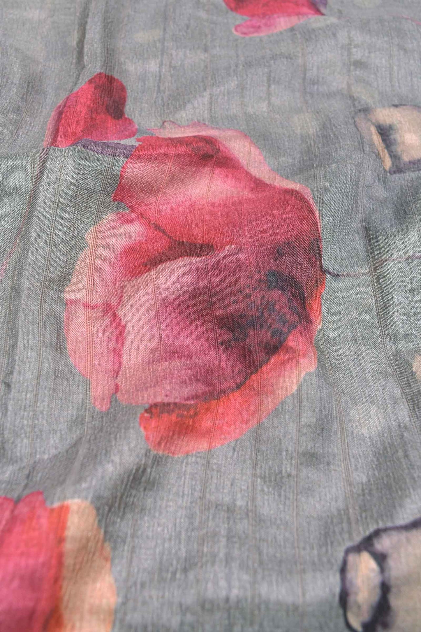 Grey Semi Tussar Tulip Garden Zari Border Floral Pashmina Inspired Pallu Saree
