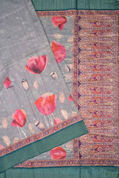 Grey Semi Tussar Tulip Garden Zari Border Floral Pashmina Inspired Pallu Saree