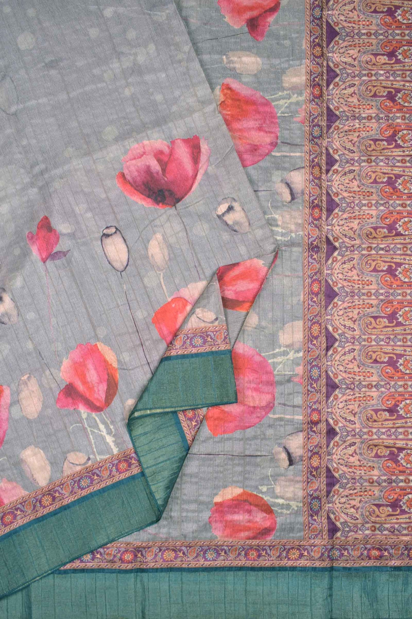 Grey Semi Tussar Tulip Garden Zari Border Floral Pashmina Inspired Pallu Saree