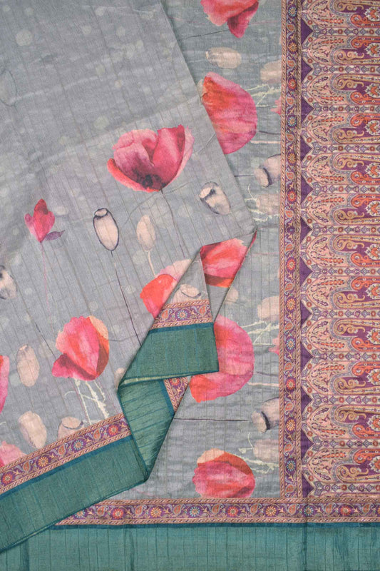 Grey Semi Tussar Tulip Garden Zari Border Floral Pashmina Inspired Pallu Saree