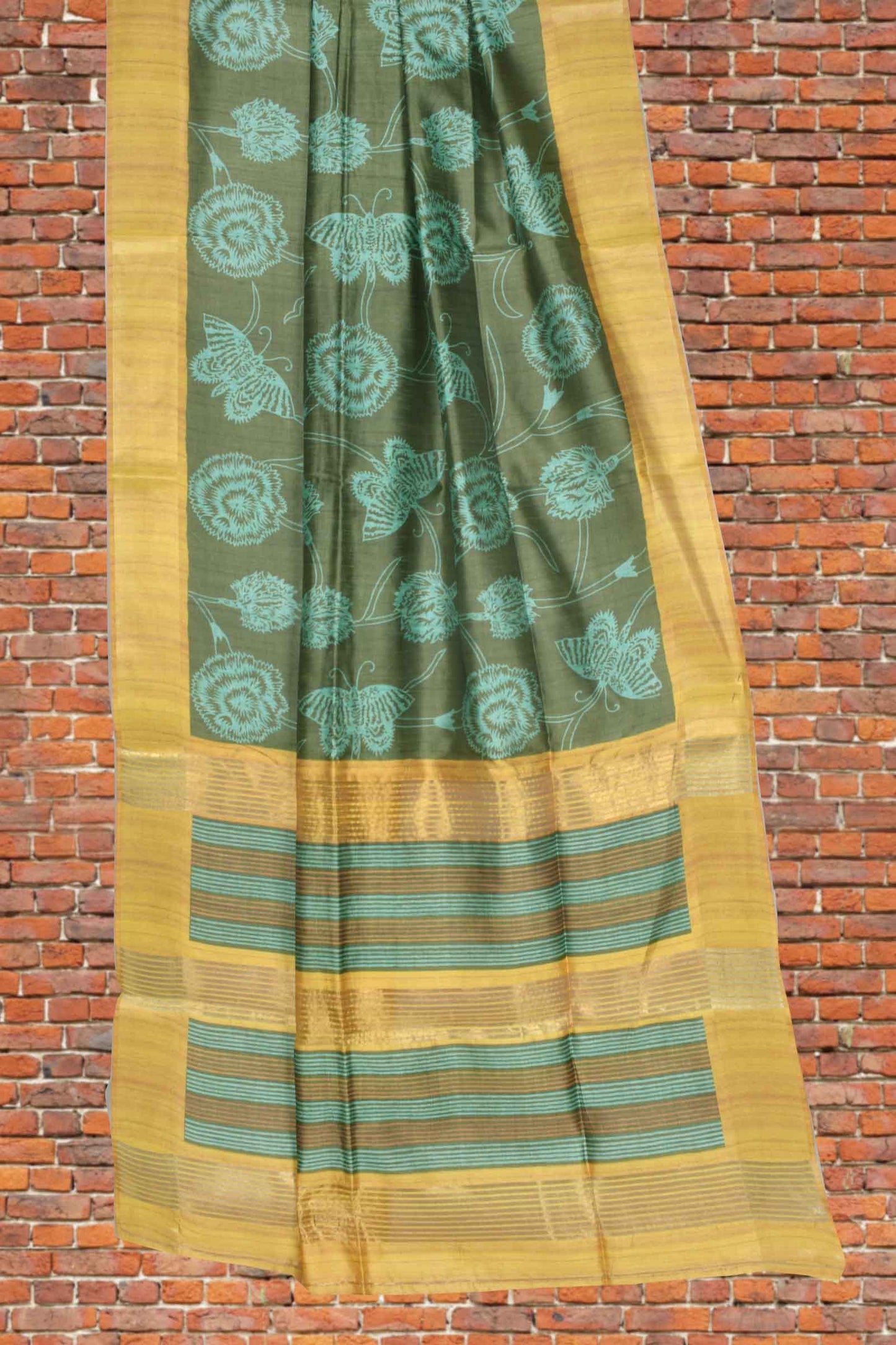 Green With Yellow Semi Tussar Flowers Butterfly Floral Design Lines Pallu Saree