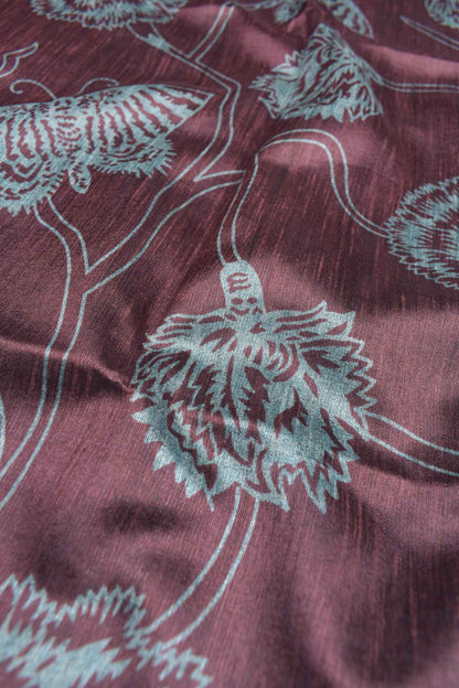 Brown With Light Blue Semi Tussar Flowers Butterfly Floral Design Lines Pallu Saree