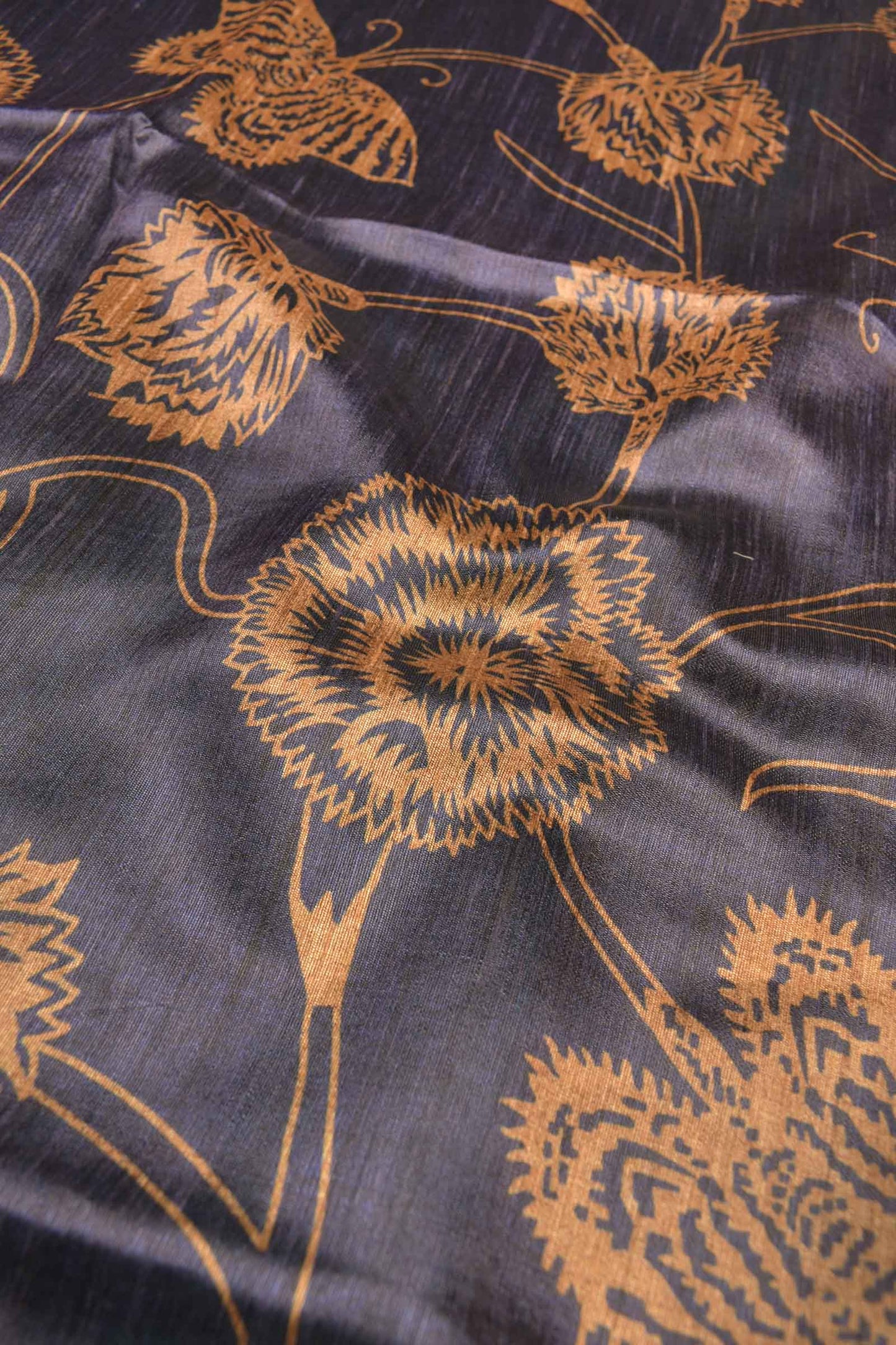 Blue With Yellow Semi Tussar Flowers Butterfly Floral Design Lines Pallu Saree