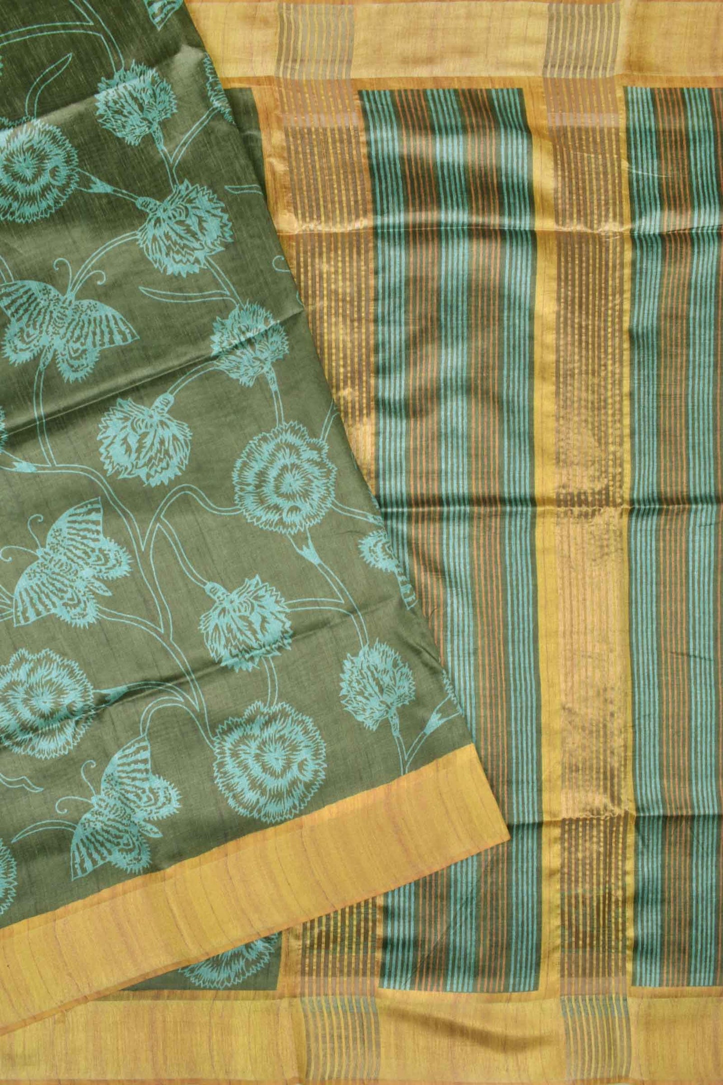 Green With Yellow Semi Tussar Flowers Butterfly Floral Design Lines Pallu Saree