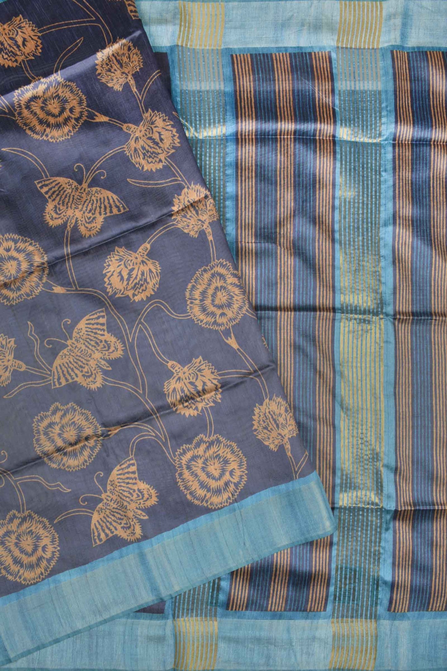 Blue With Yellow Semi Tussar Flowers Butterfly Floral Design Lines Pallu Saree