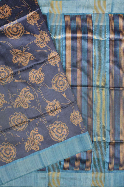 Blue With Yellow Semi Tussar Flowers Butterfly Floral Design Lines Pallu Saree