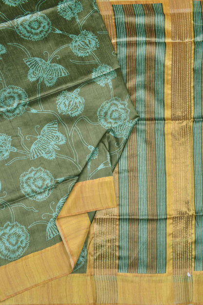 Green With Yellow Semi Tussar Flowers Butterfly Floral Design Lines Pallu Saree